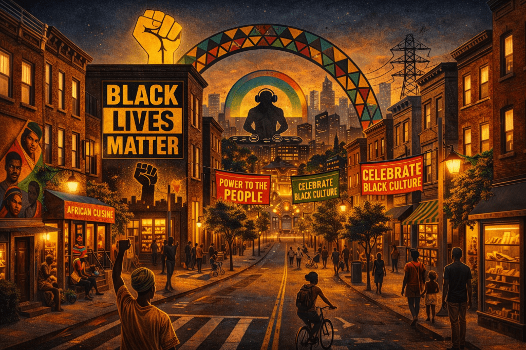 Text reading 'Black culture is infrastructure' with urban and symbolic illustrations